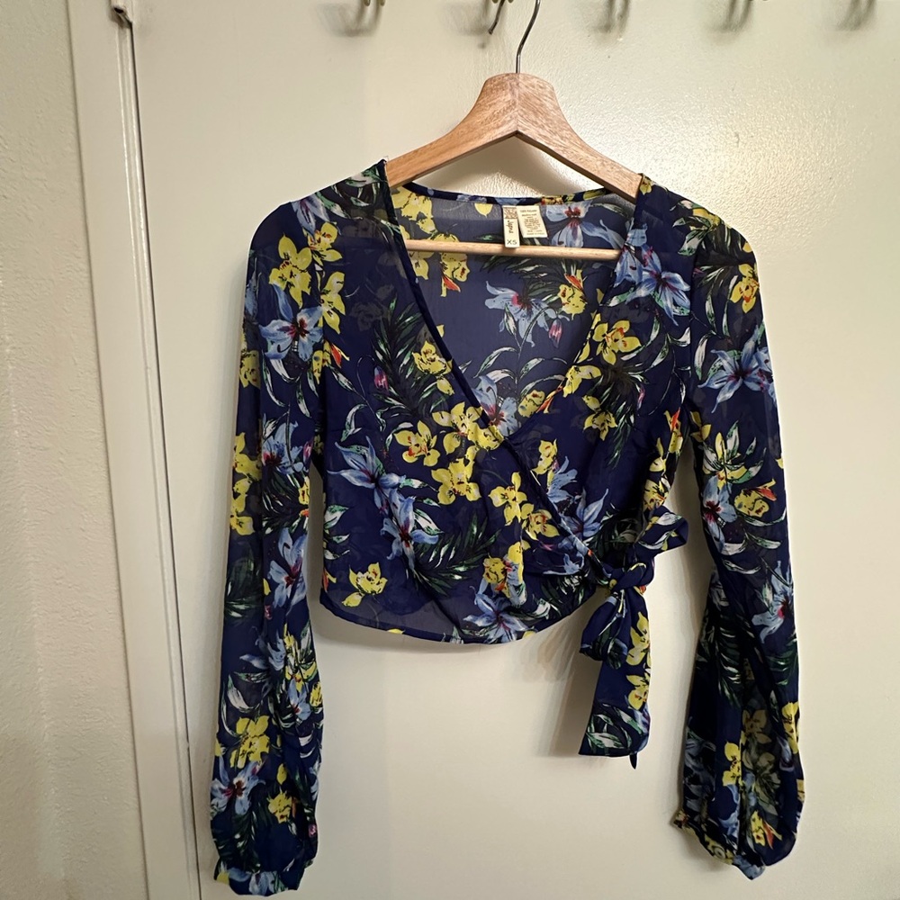 Japna Blue and Yellow Crop Wrap Blouse